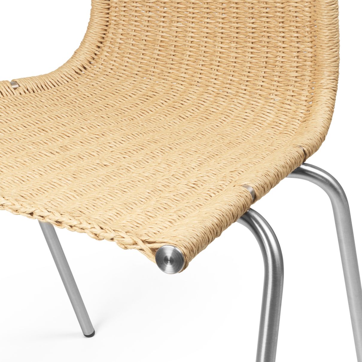 Detailansicht PK1 Stuhl von Carl Hansen & Søn mit Naturkordel und Edelstahlgestell.