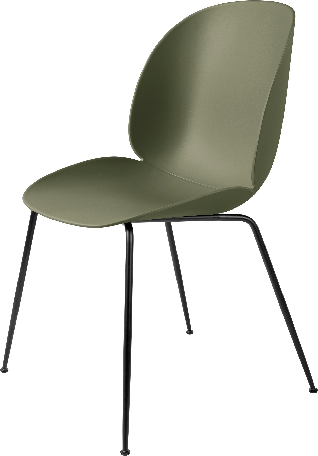 Grüner Beetle Chair Esszimmerstuhl mit schwarzem, konischem Gestell von Gubi, ungepolstert.