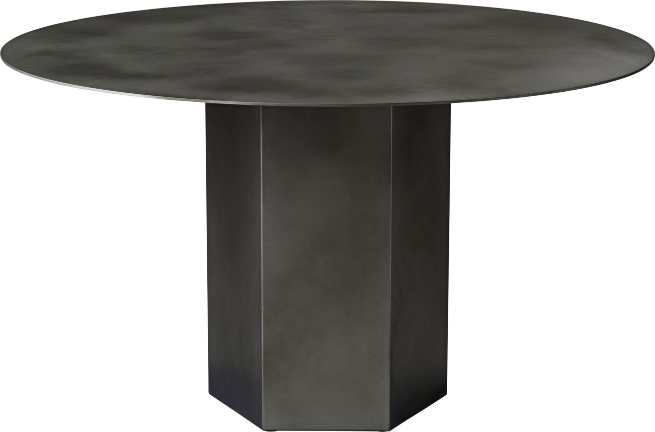 Runder Esstisch "Epic" von Gubi in Misty Gray Stahl mit massivem Sockel.