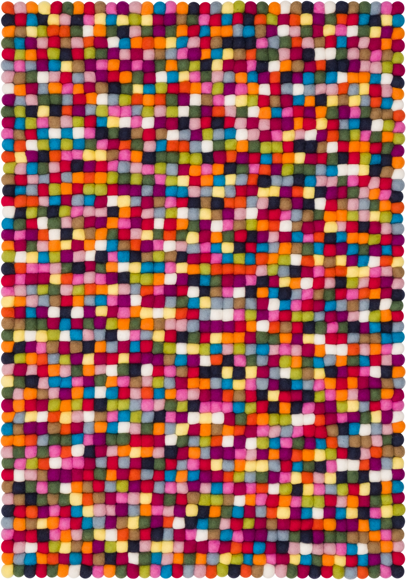 Bunter Filzkugel Teppich, 140x200 cm, handgefertigt aus reiner Wolle. Myfelt Teppich mit farbenfrohen Filzkugeln.