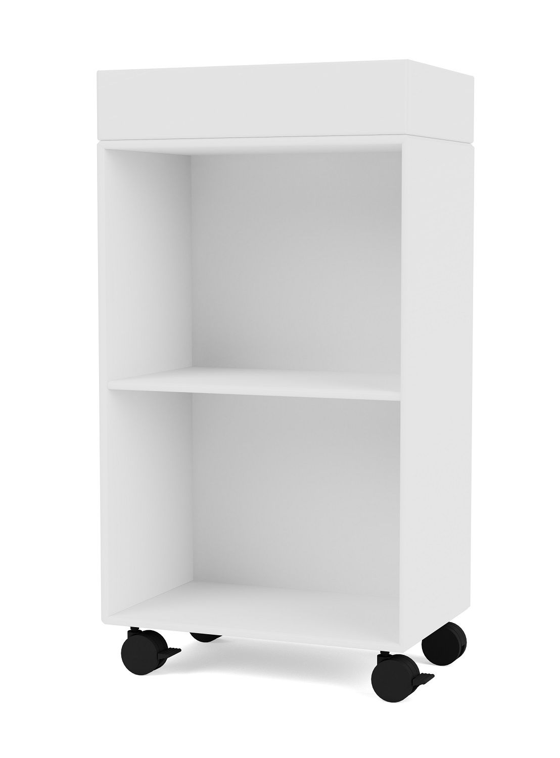 Weißer PREPPY Wagen mit zwei Regalfächern und schwarzen Rollen für flexible Aufbewahrung.