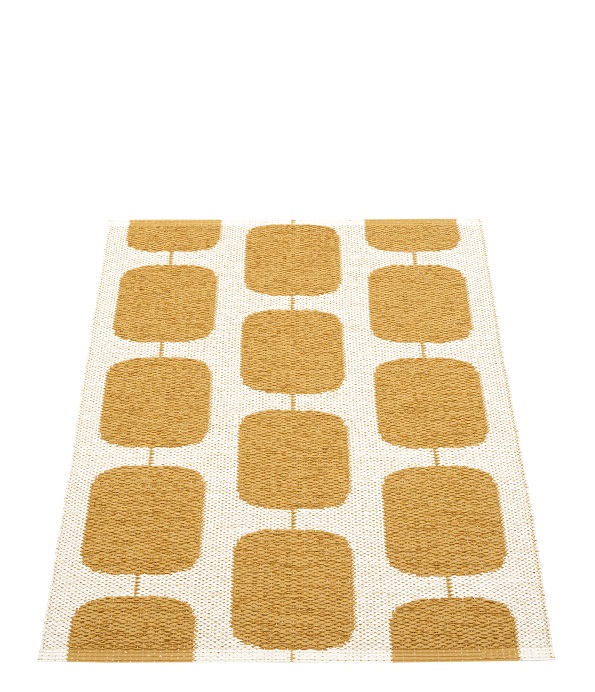 Pappelina Sten Kunststoffteppich in Ocker/Vanille mit grafischem Muster aus Rechtecken, 70x100 cm, für Innenräume.