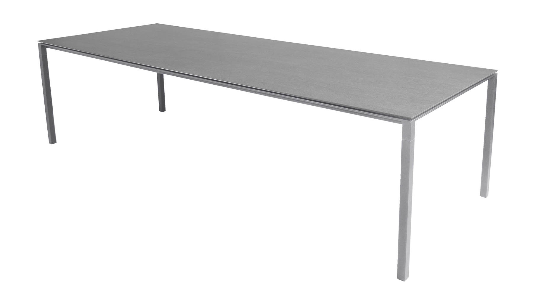 Pure Outdoor Esstisch von Cane-Line, groß, mit basaltgrauer Tischplatte und hellgrauem Gestell.