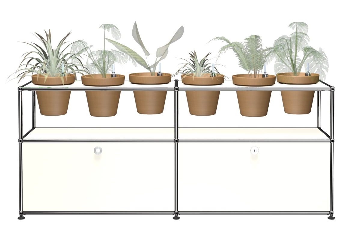 Pflanzenwelten Sideboard mit USM Haller in Reinweiss, bepflanzt mit sechs Zimmerpflanzen in Terrakotta-Töpfen.