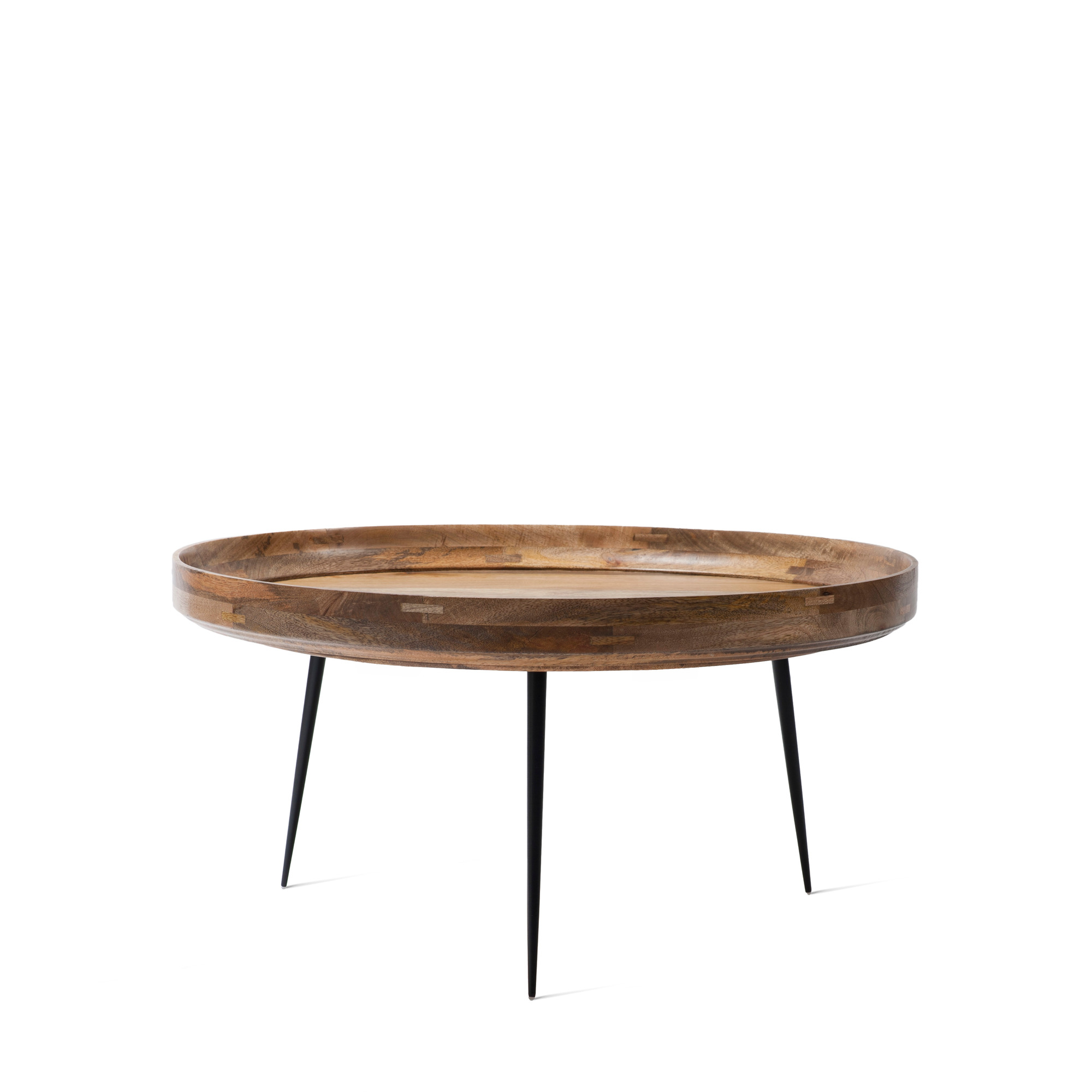 Bowl Table aus Mangoholz in Natur mit schwarzen Metallbeinen, extra großer Couchtisch.