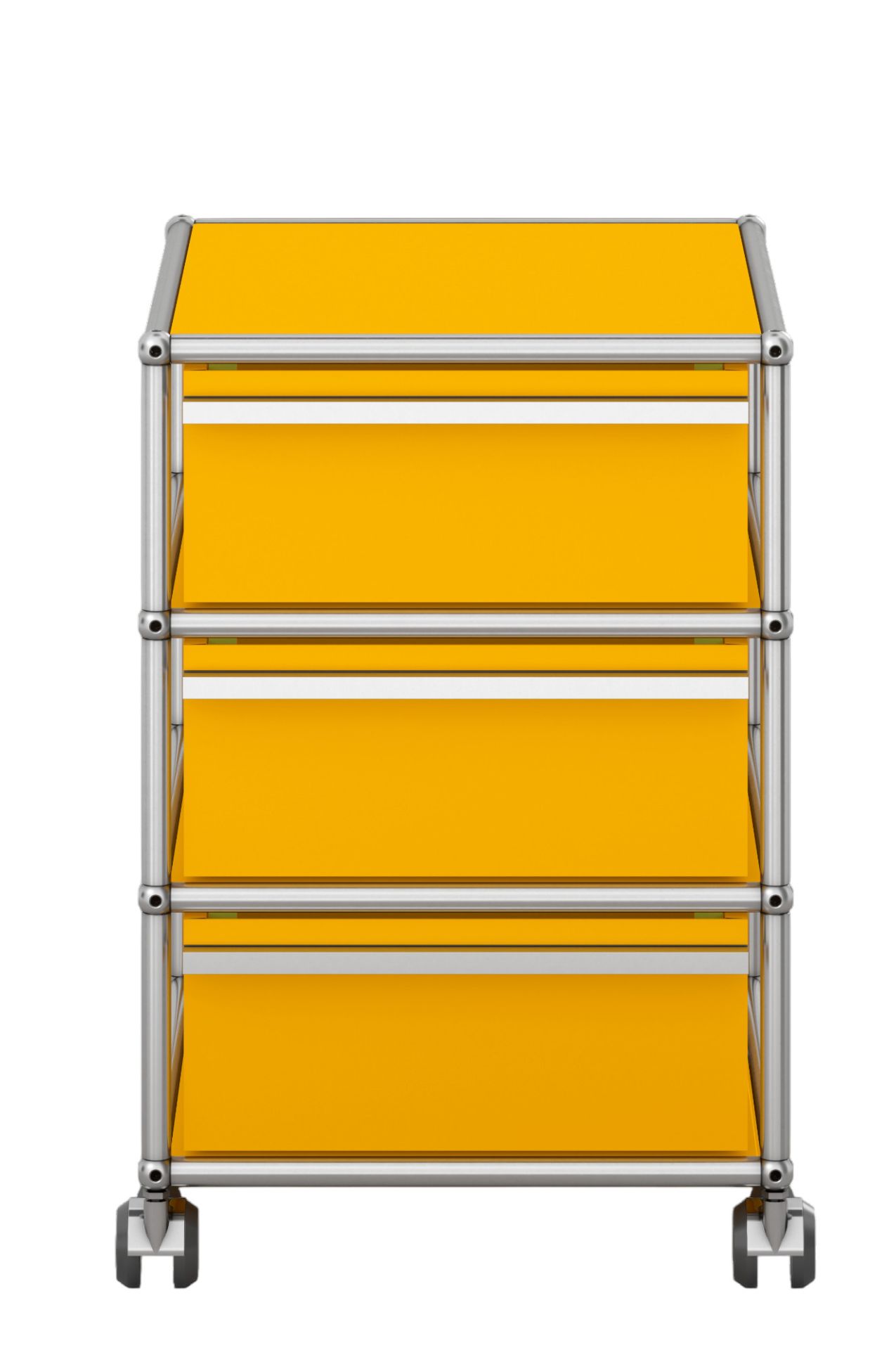 USM Haller Rollcontainer in Goldgelb mit drei Schubladen und verchromtem Gestell auf Rollen.