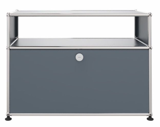 USM Haller Möbel: Beistelltisch in Mittelgrau mit Schublade und verchromtem Gestell für Wohnzimmer und Büro.