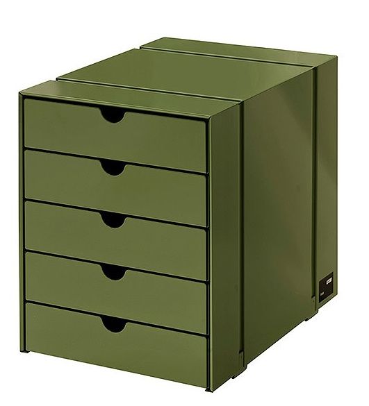 USM Haller Inos Kastenset in Olivgrün mit fünf geschlossenen Schalen für das Home Office.