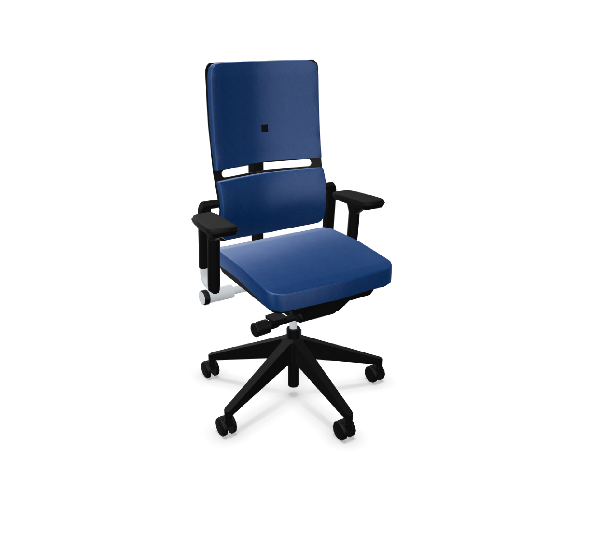 Blauer Please Bürostuhl von Steelcase mit Armlehnen und schwarzem Fußkreuz auf weißem Hintergrund.