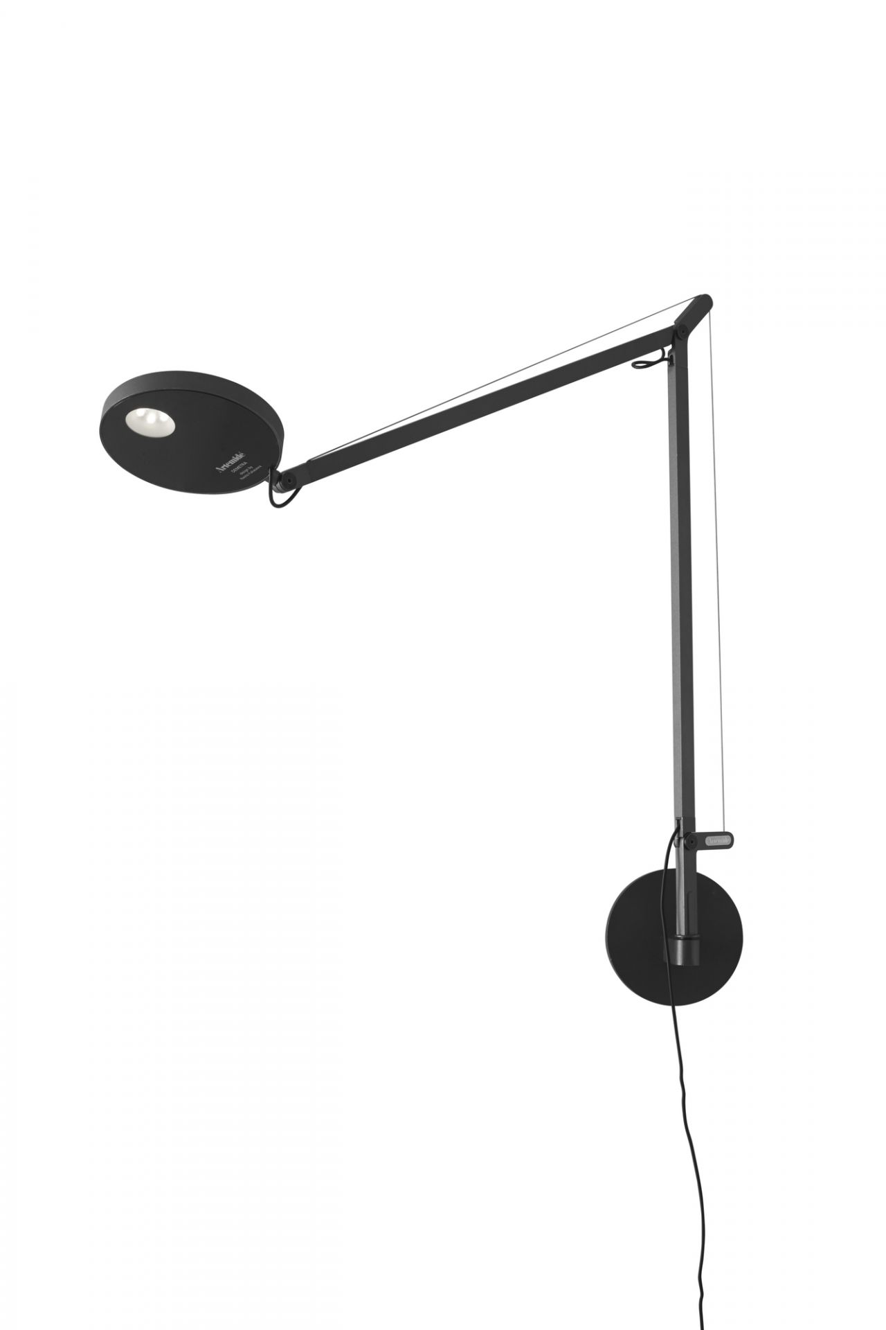 Anthrazitgraue Demetra Wandleuchte von Artemide mit flexiblem Arm und LED-Leuchte für Wandmontage.
