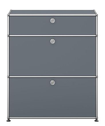 USM Haller Highboard in Mittelgrau mit zwei Klappen, modernes Designmöbel für stilvolle Aufbewahrung.