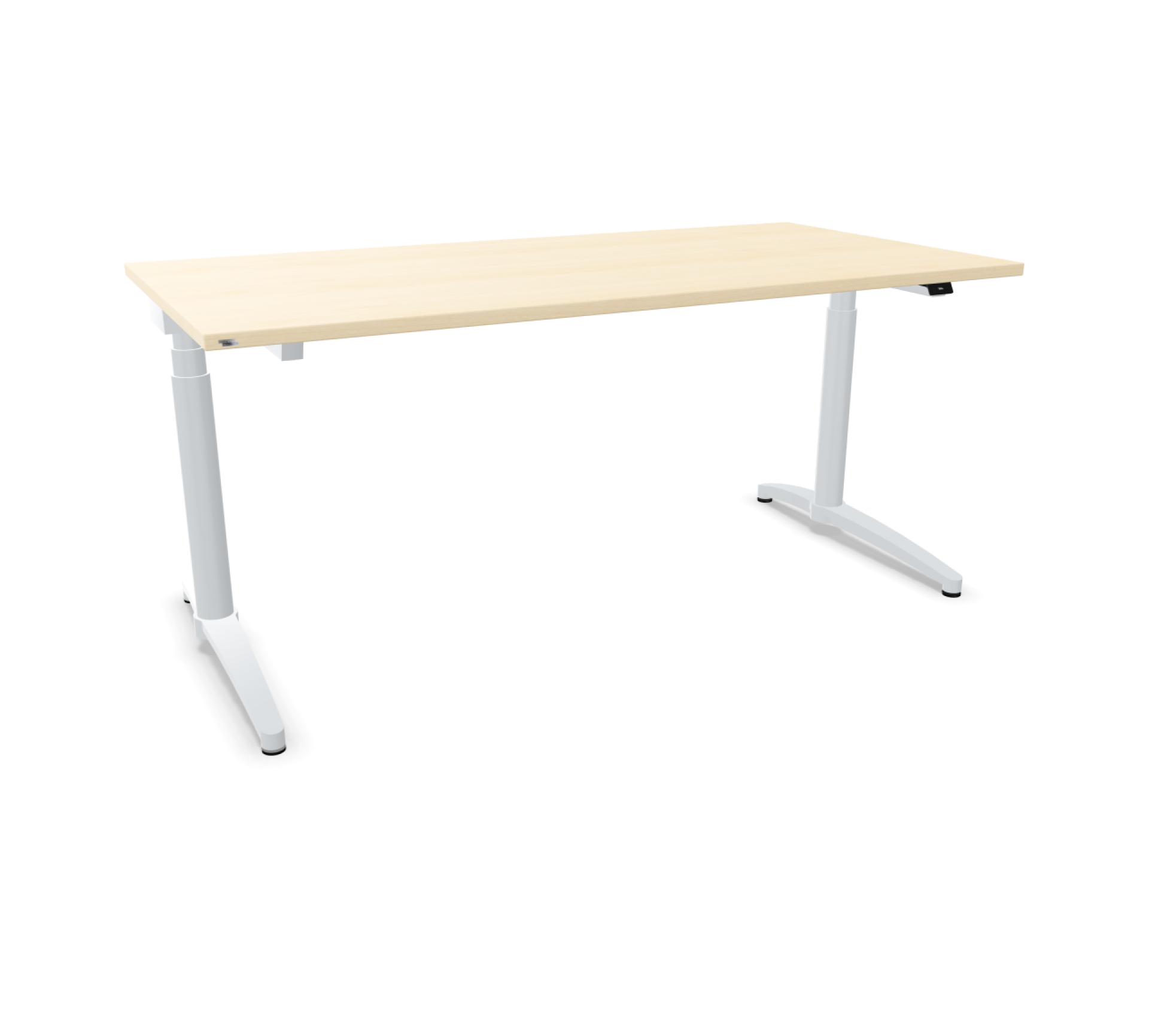 Canvaro Sitz-Steh-Tisch von Assmann mit hellem Holzdekor und weißem Gestell. Ergonomischer Bürotisch.