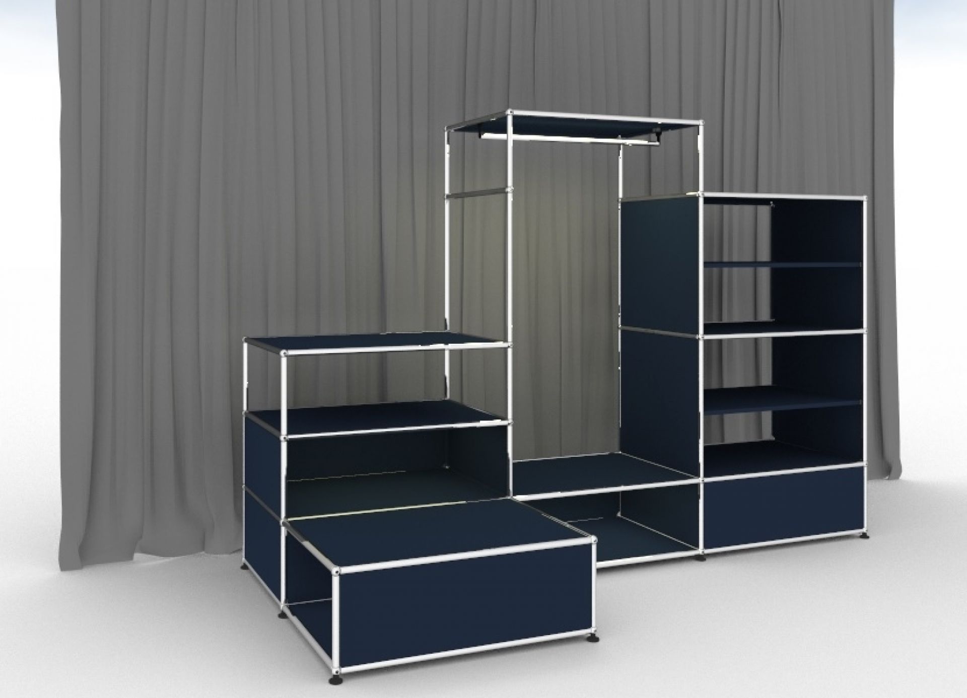 Stahlblaue USM Haller Garderobe mit Beleuchtung und Regalen vor grauem Hintergrund.