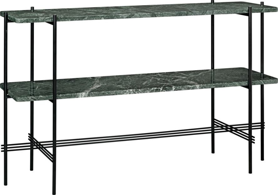 TS Konsole von Gubi mit zwei grünen Marmorplatten und schwarzem Metallgestell.
