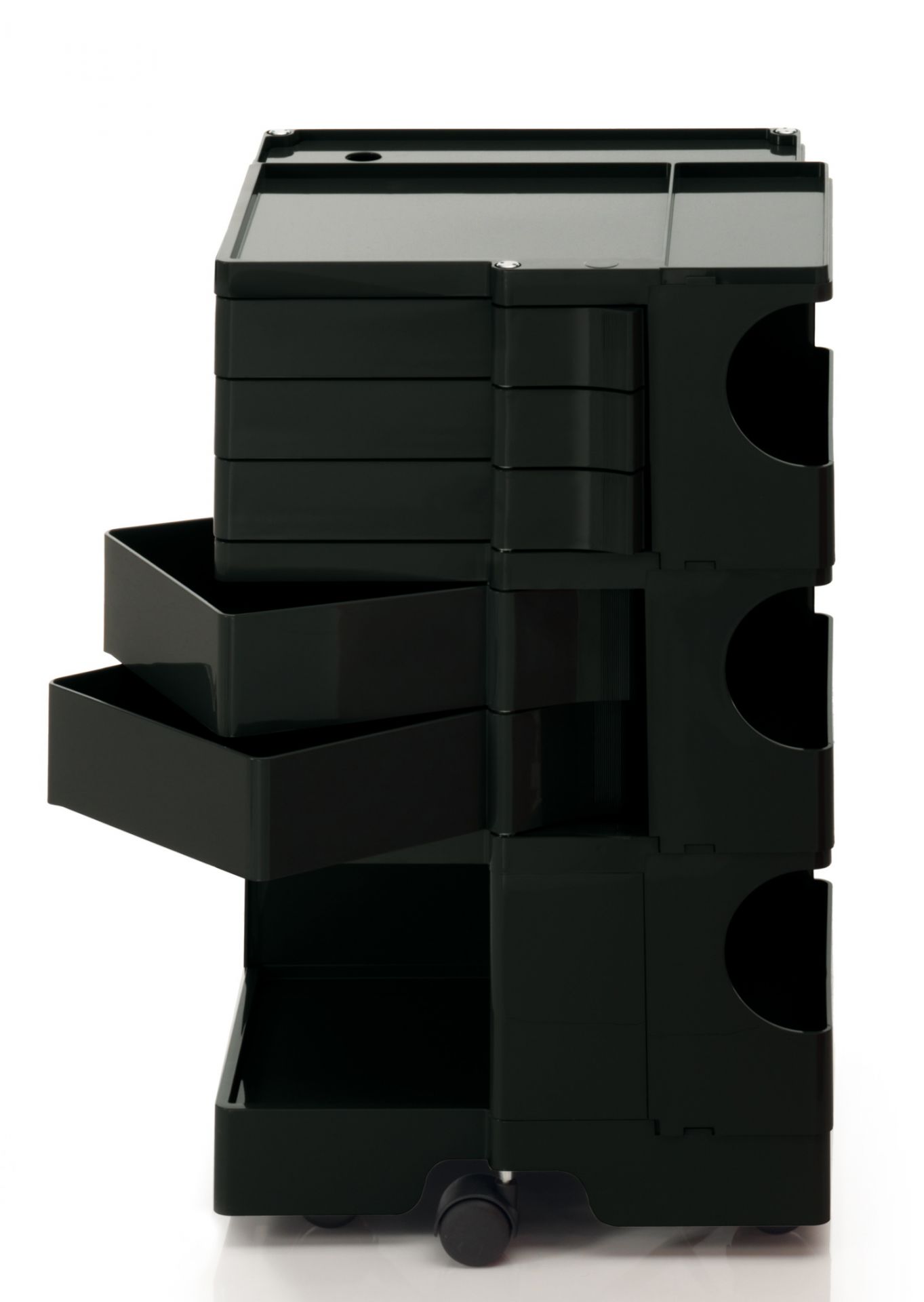 Boby B35 Rollcontainer Schwarz B-Line Schwarzer Boby Rollcontainer mit Schubladen und Fächern, ideal für Büro und Werkstatt.