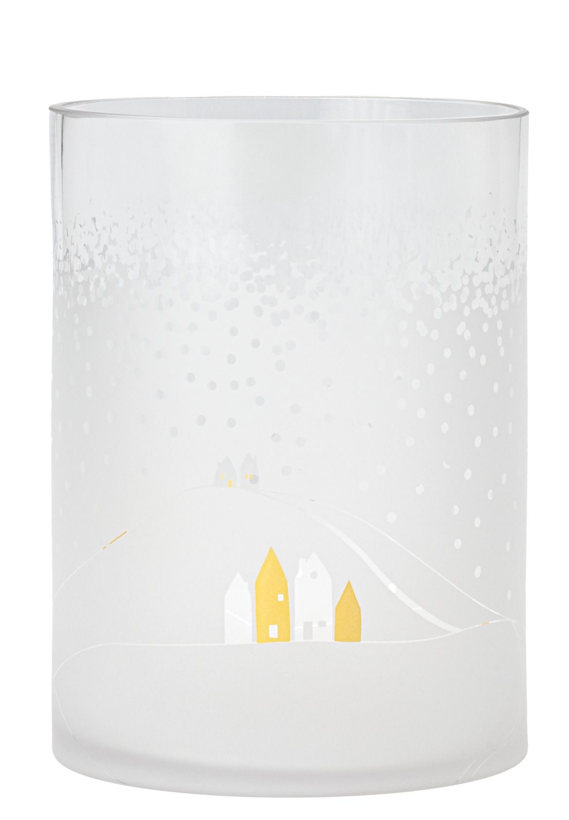 Poesie Windlicht mit Schneelandschaft-Motiv: Glaswindlicht mit Winterdorf und Schneeflocken für stimmungsvolle Beleuchtung.