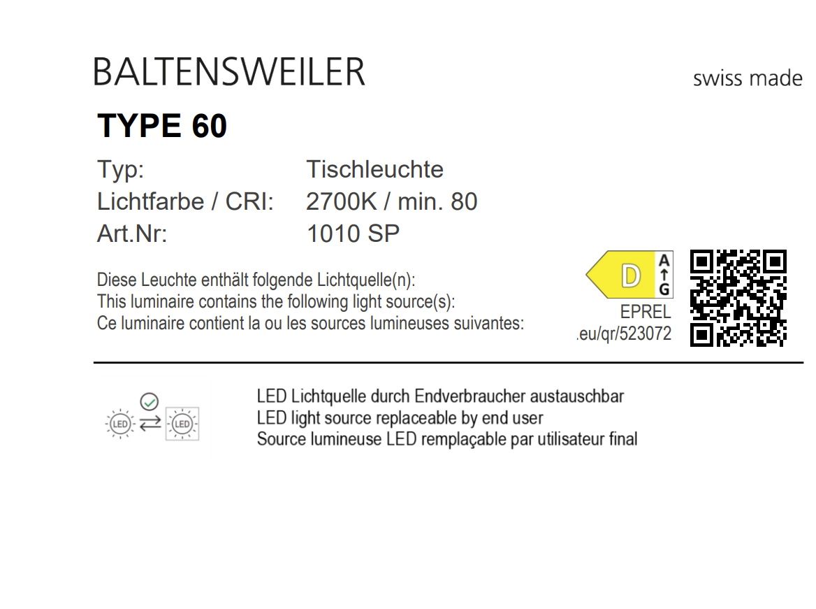 TYPE 60 Tischleuchte Schwarz Baltensweiler