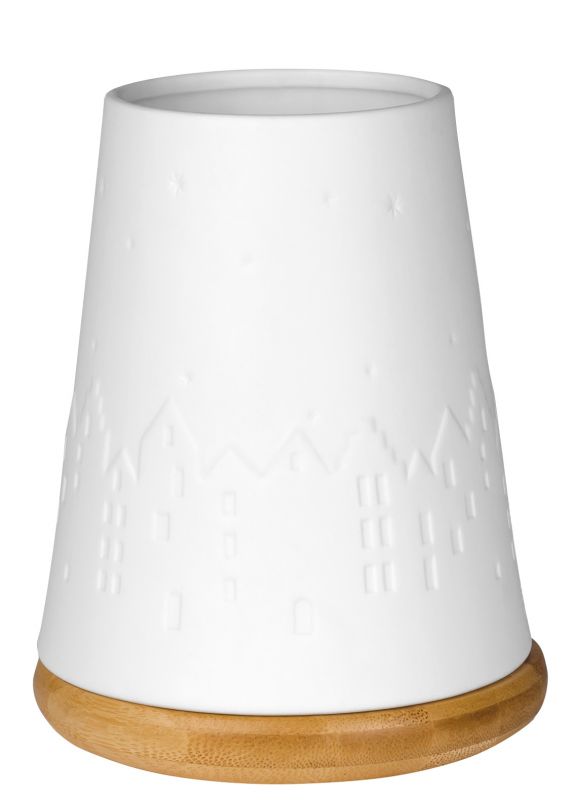 Weißes Poesie Windlicht von Räder mit Winterstadt-Motiv und Holzfuß für stimmungsvolle Beleuchtung.