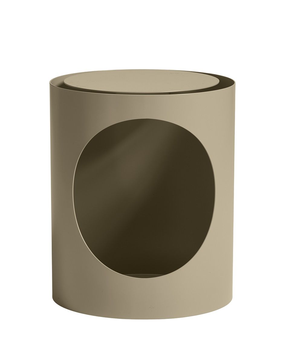 Tabl / Hidn Side Table: Grau-beige Beistelltisch mit runder Öffnung, modernes Design für Wohnzimmer.