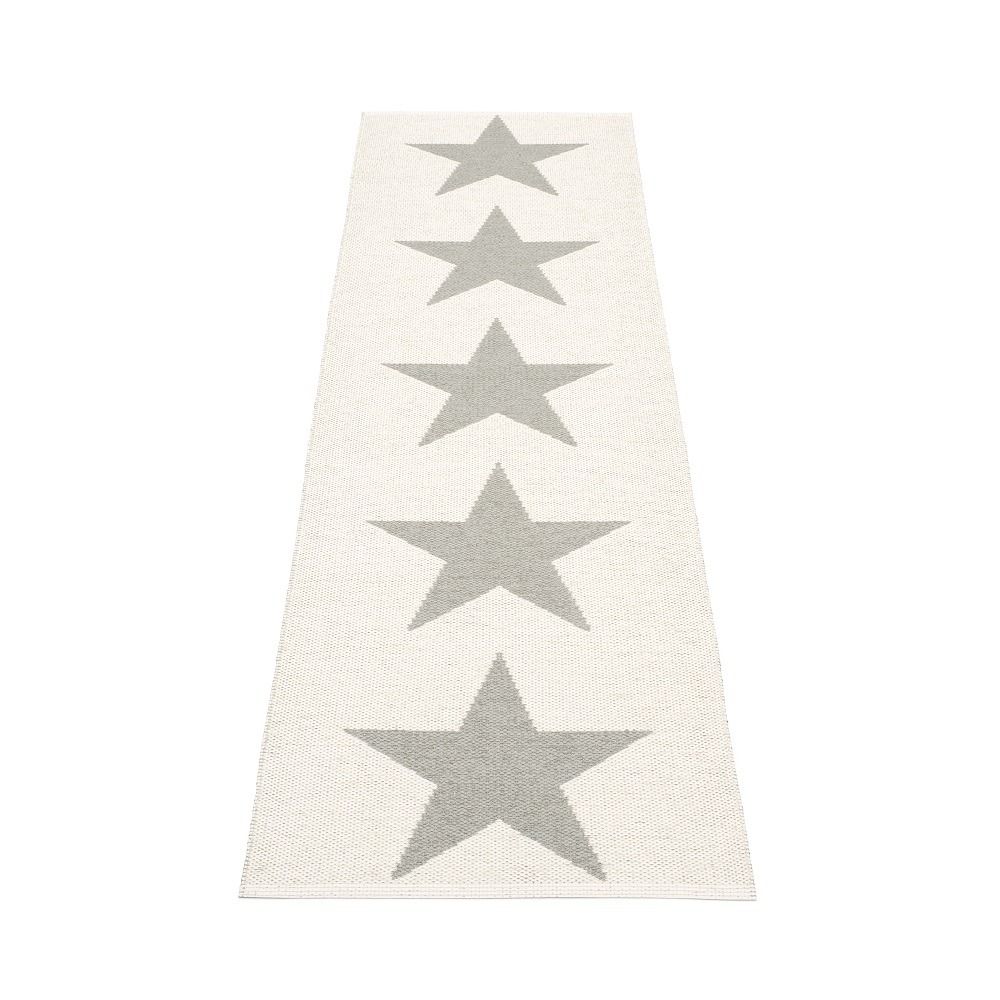 Viggo One Pappelina Kunststoffteppich in Warmgrau, 70x250 cm, mit fünf grauen Sternen auf hellem Grund.