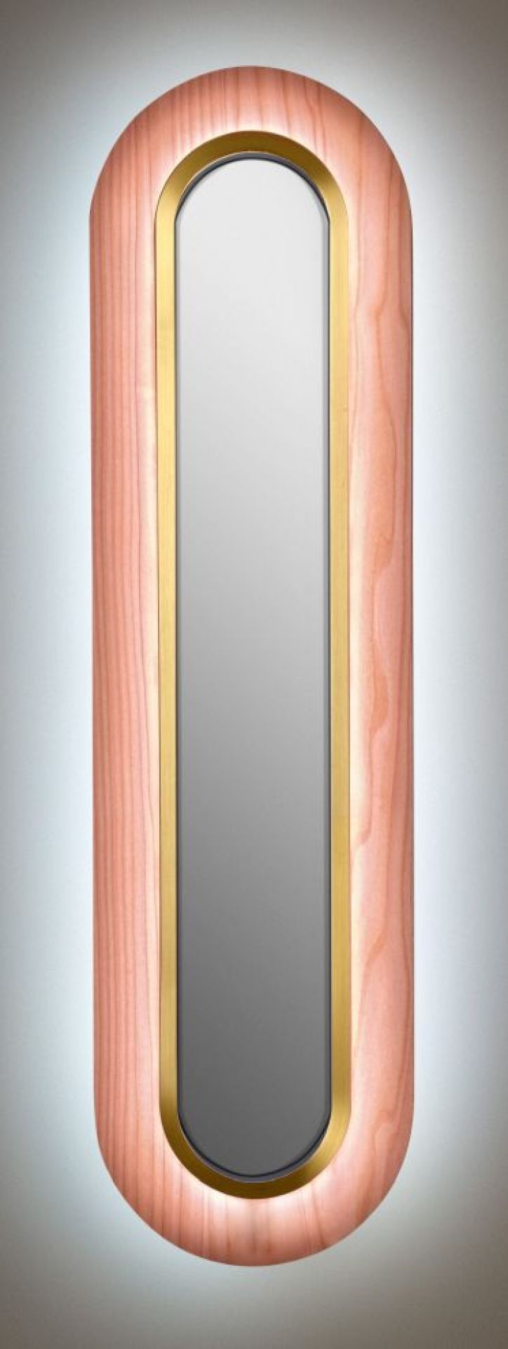 Lens LED Wandleuchte von LZF Lamps: Oval, hellrosa Holz mit goldenem Metallring.