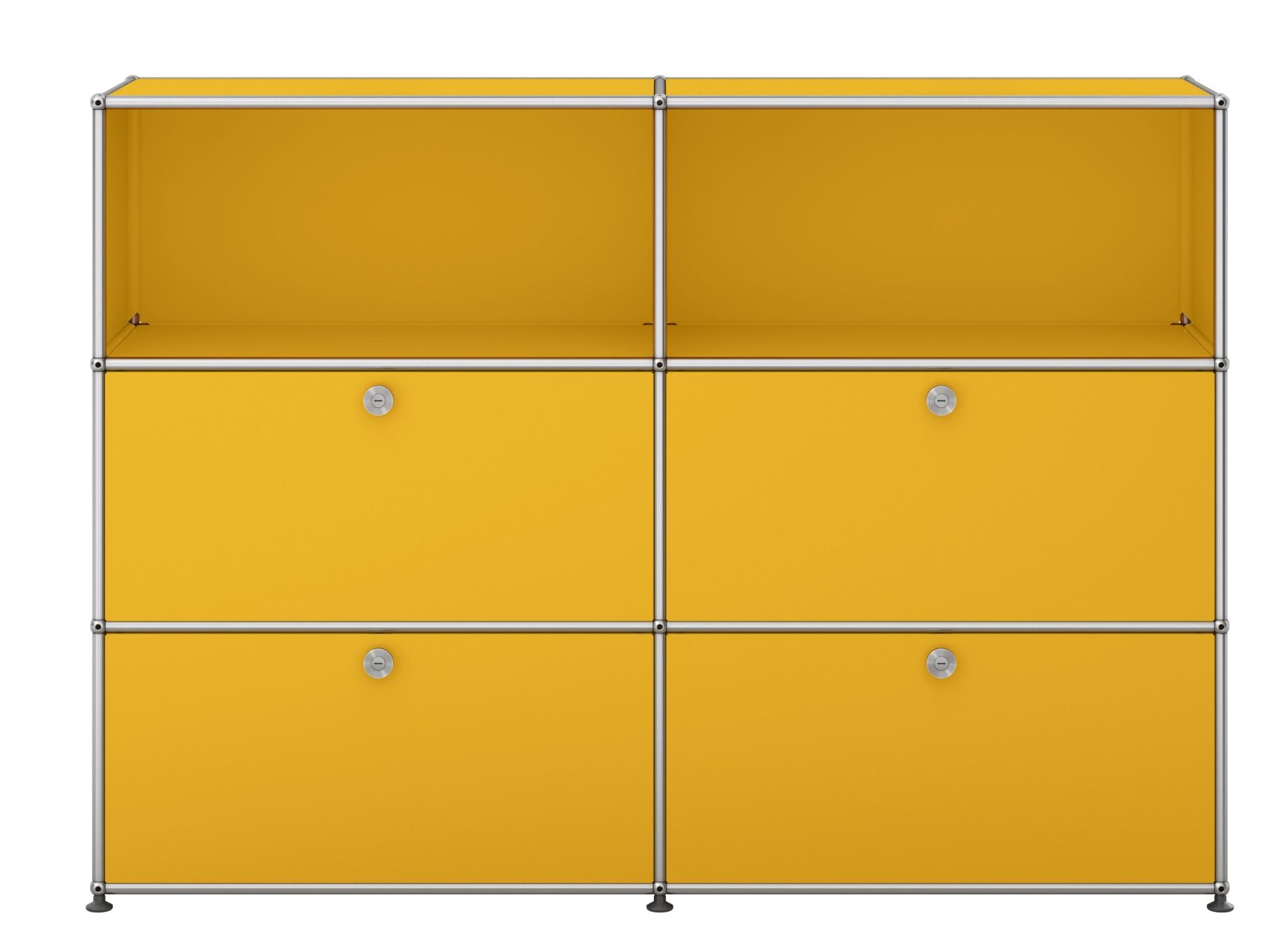 USM Haller Sideboard in Goldgelb mit vier Klappen, modulare Aufbewahrung und modernem Design.