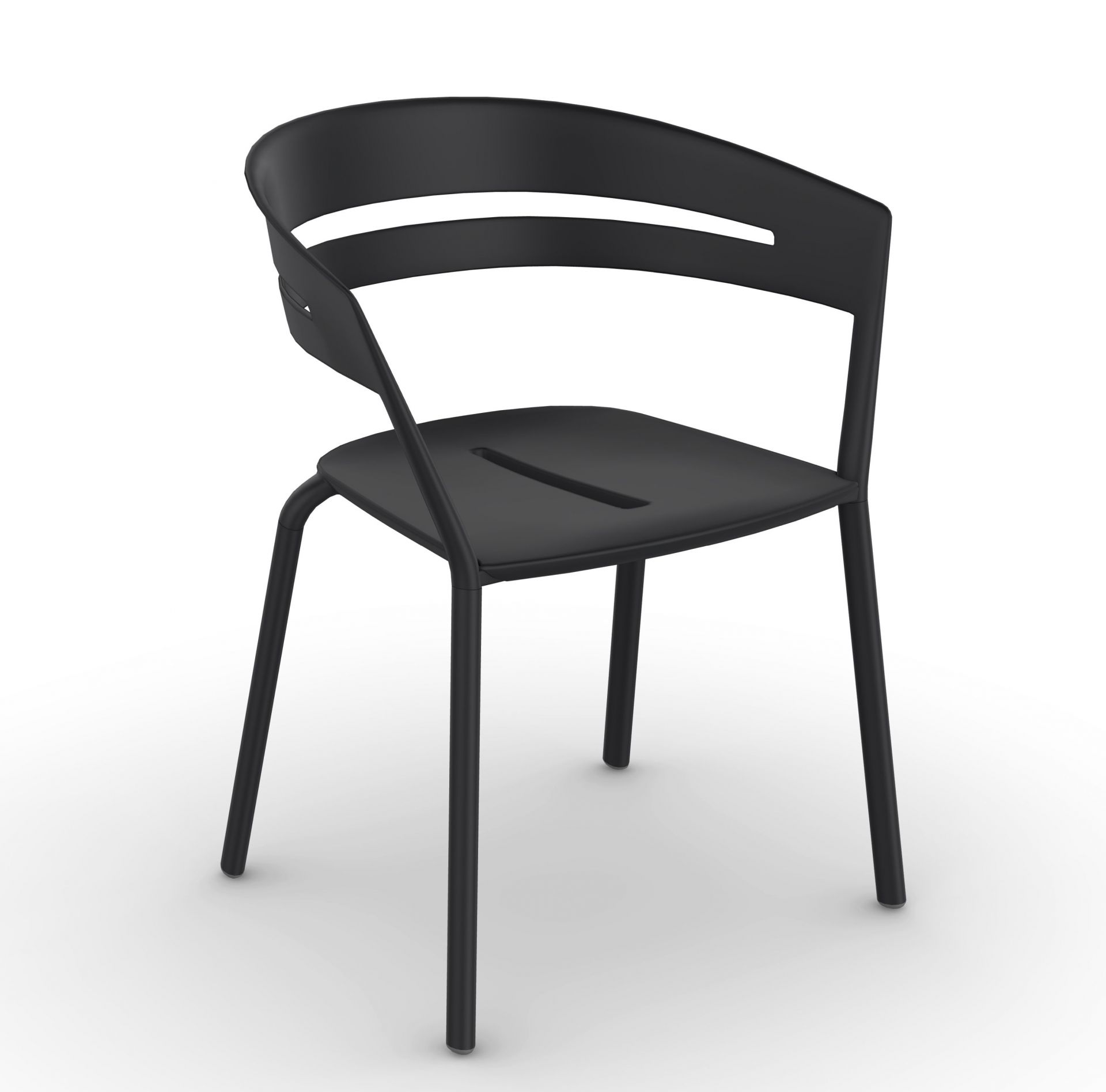 Schwarzer Ria Stuhl mit Armlehnen, modernem Design und schlichten Linien für Esszimmer oder Büro.