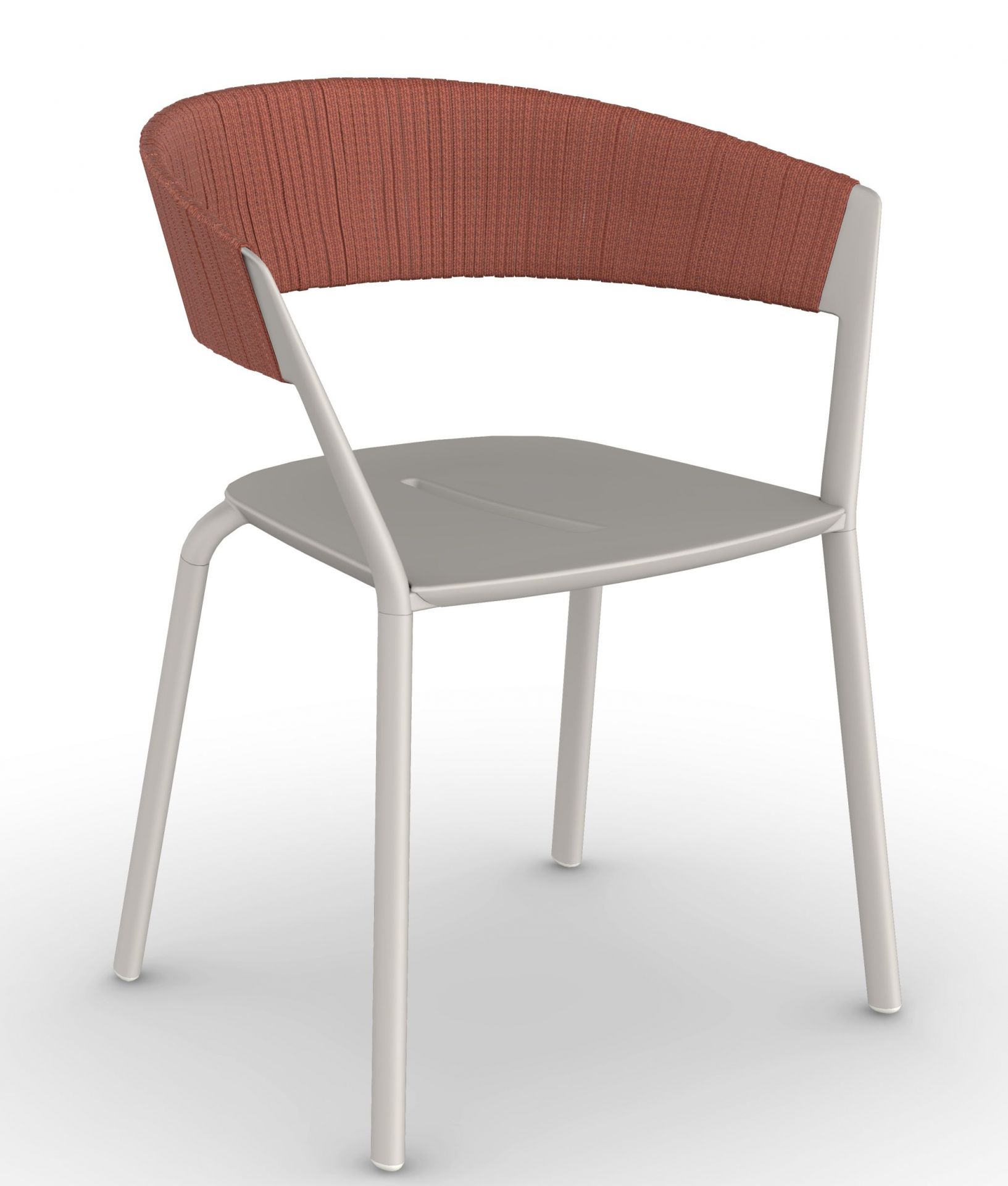 Ria Stuhl mit Armlehne, grauem Gestell und orangefarbener Rückenlehne aus Stoff. Moderner Stuhl für Esszimmer.