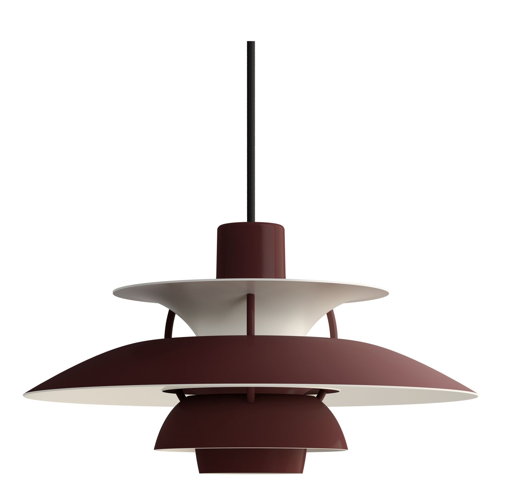 Nahaufnahme der PH 5 Mini Pendelleuchte von Louis Poulsen in Burgundy, modernes Design.