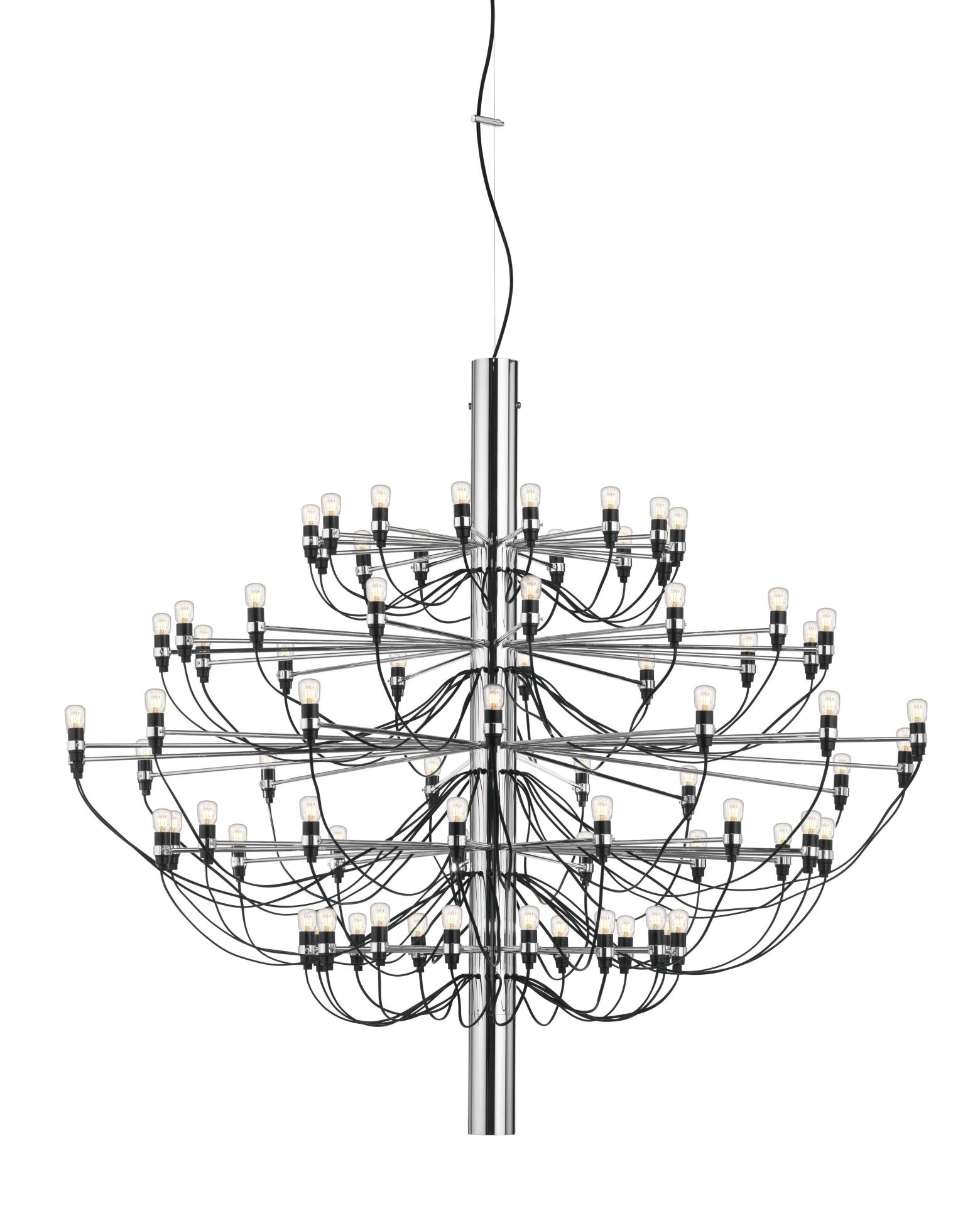 Flos 2097 Kronleuchter in Chrom mit klaren Glühbirnen, modernes Design für stilvolle Beleuchtung.