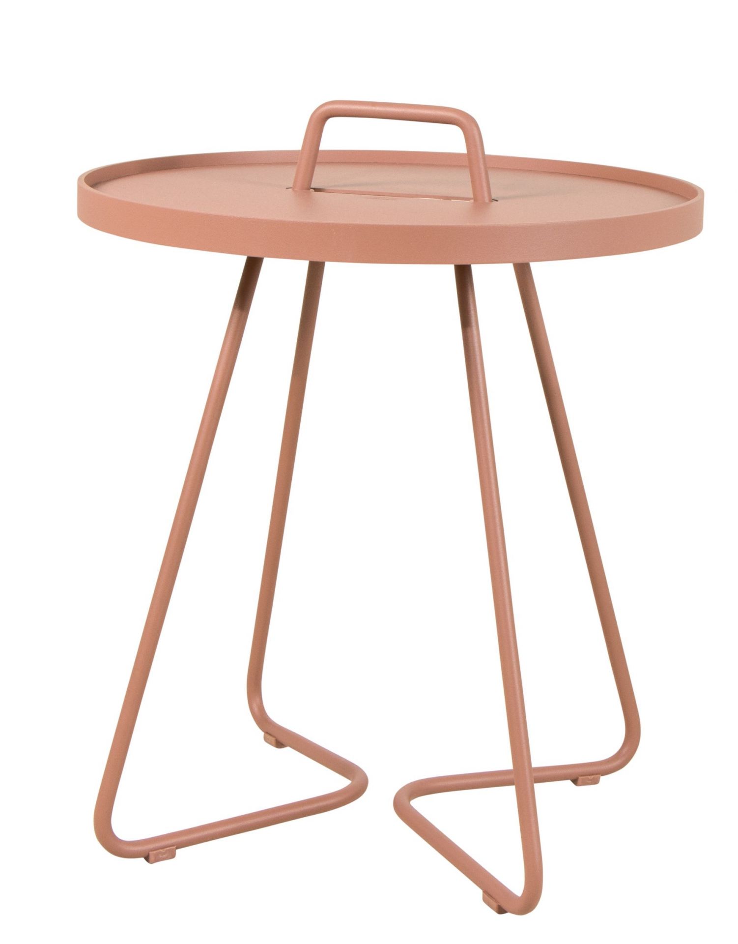 Cane-Line On-The-Move Beistelltisch in Dunkelrosa: Kleiner, runder Outdoor-Tisch mit Griff und filigranem Metallgestell.