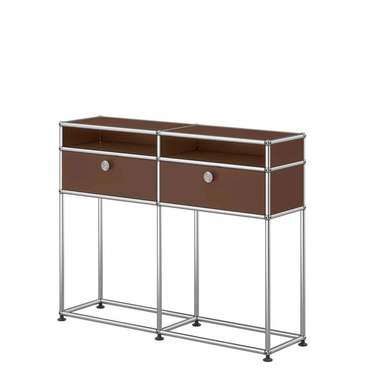 Braunes USM Haller Sideboard mit zwei Schubladen und verchromtem Gestell – Konsole für modernes Wohnen.