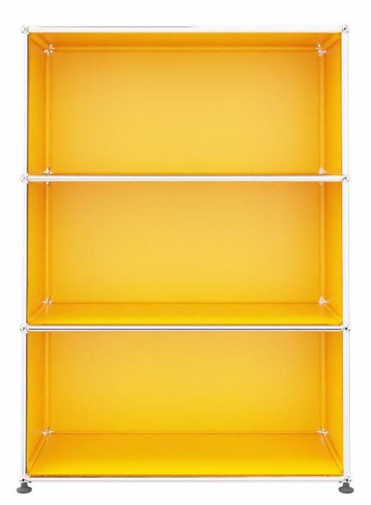 USM Haller Highboard offen -  gelb Gelbes USM Haller Regal mit drei offenen Fächern und verchromtem Stahlrohrgestell für Wohnzimmer oder Büro.