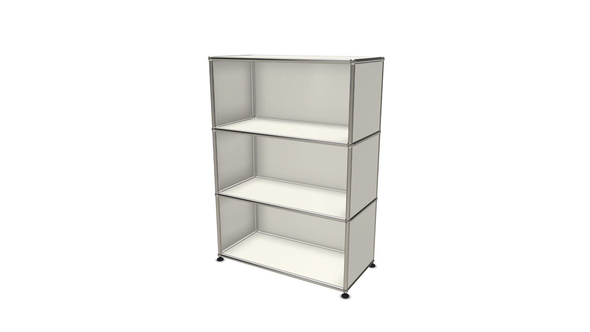 Weißes USM Haller Highboard mit drei offenen Fächern für stilvolle Büro- und Wohnraumgestaltung.