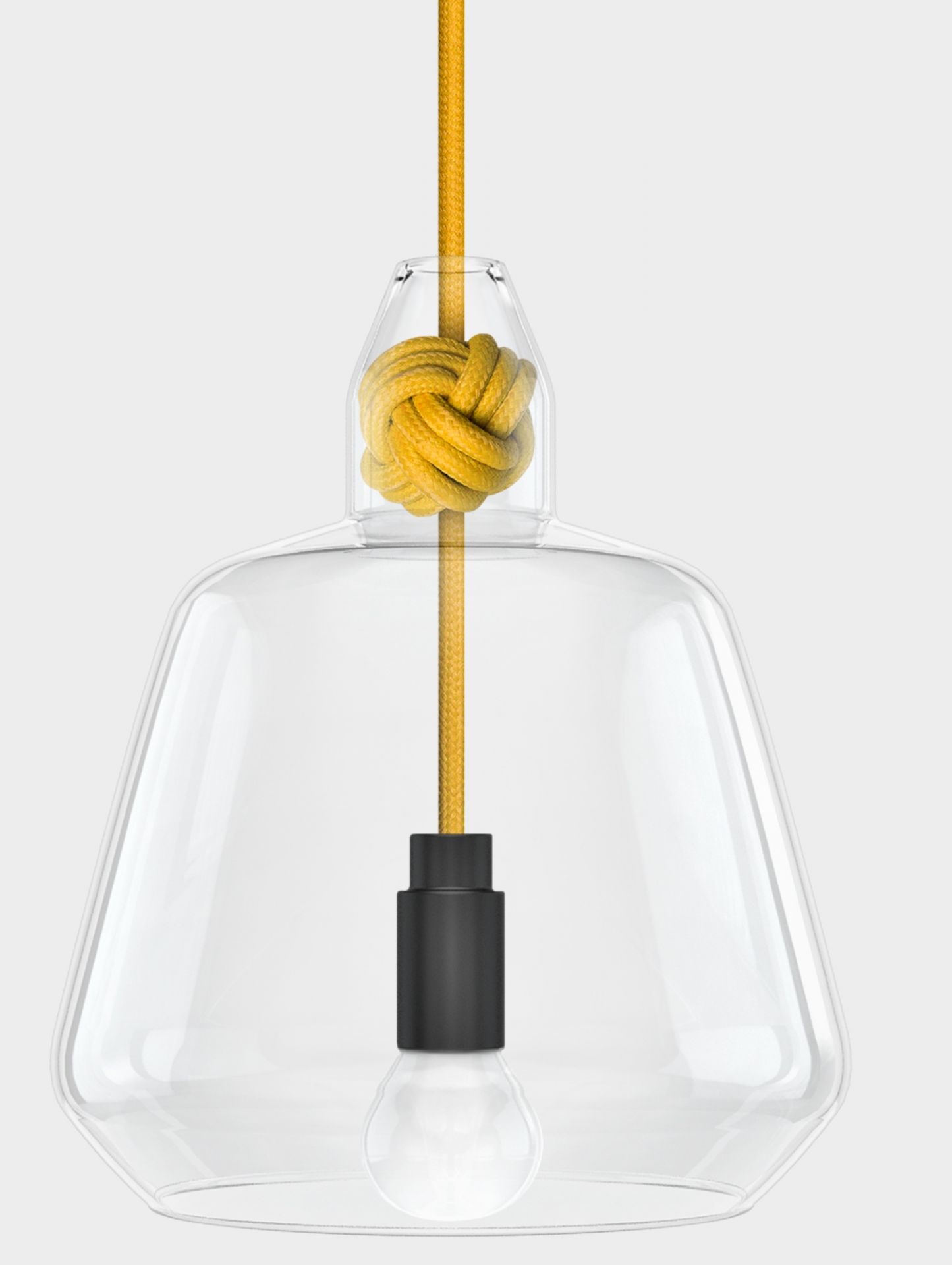 Knot Lamp Pendelleuchte in Vitamin-Gelb: Glasleuchte mit dekorativem Knoten und gelbem Textilkabel.
