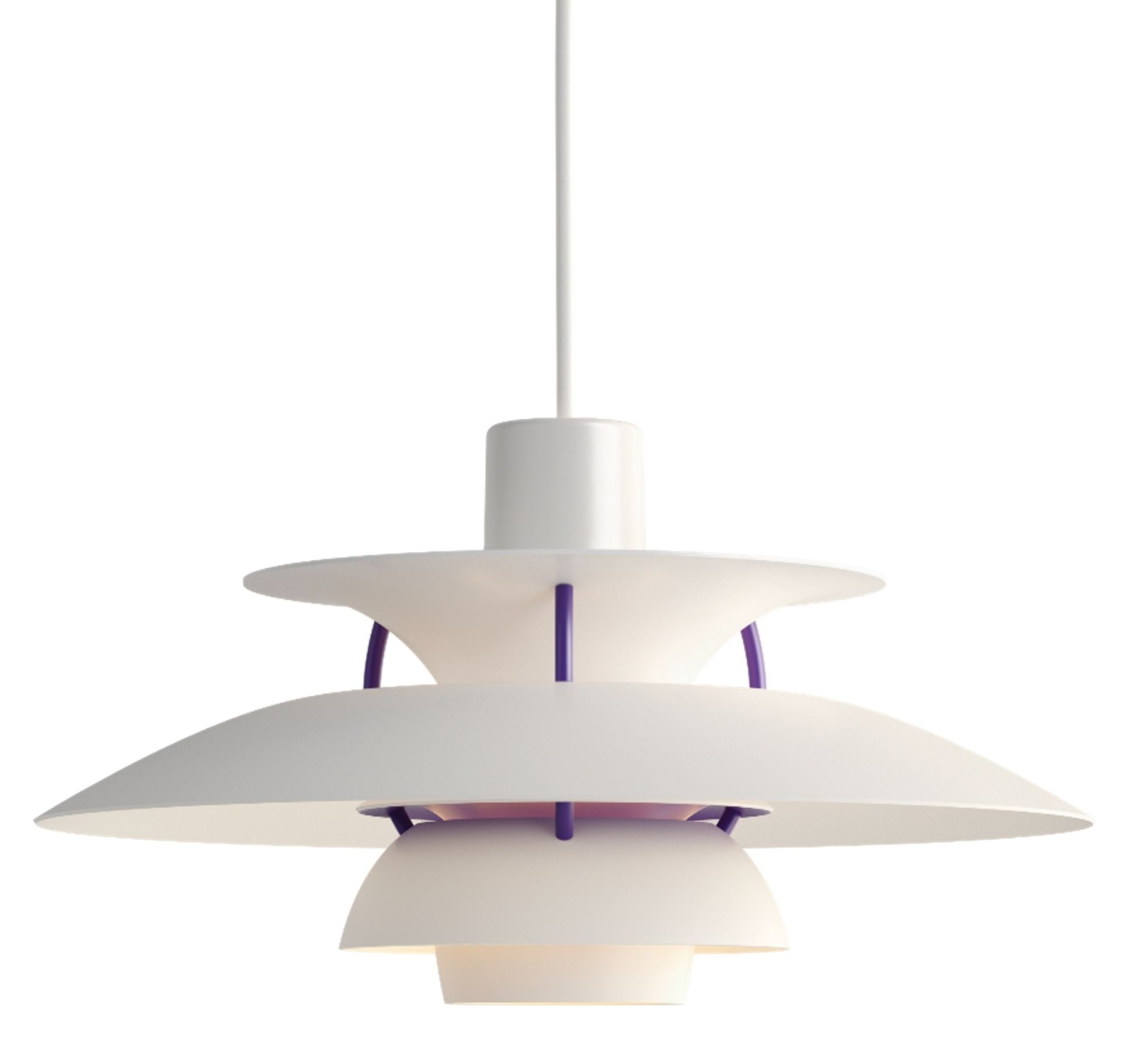 Weiße PH 5 Mini Pendelleuchte von Louis Poulsen, Designklassiker für stilvolle Beleuchtung im Wohnraum.