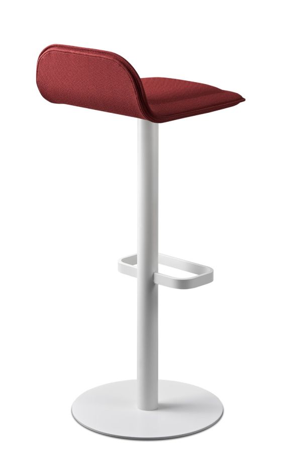 Dave Barhocker mit weißem Gestell und weinrotem Sitzpolster, moderner Barstuhl für Küche oder Bar.