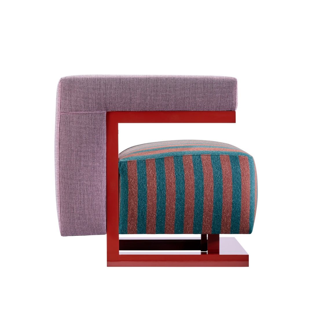 F51N Sessel Bauhaus Edition 2023 von Tecta, rotes Gestell, gestreifte Polsterung, Designklassiker für Wohnzimmer.