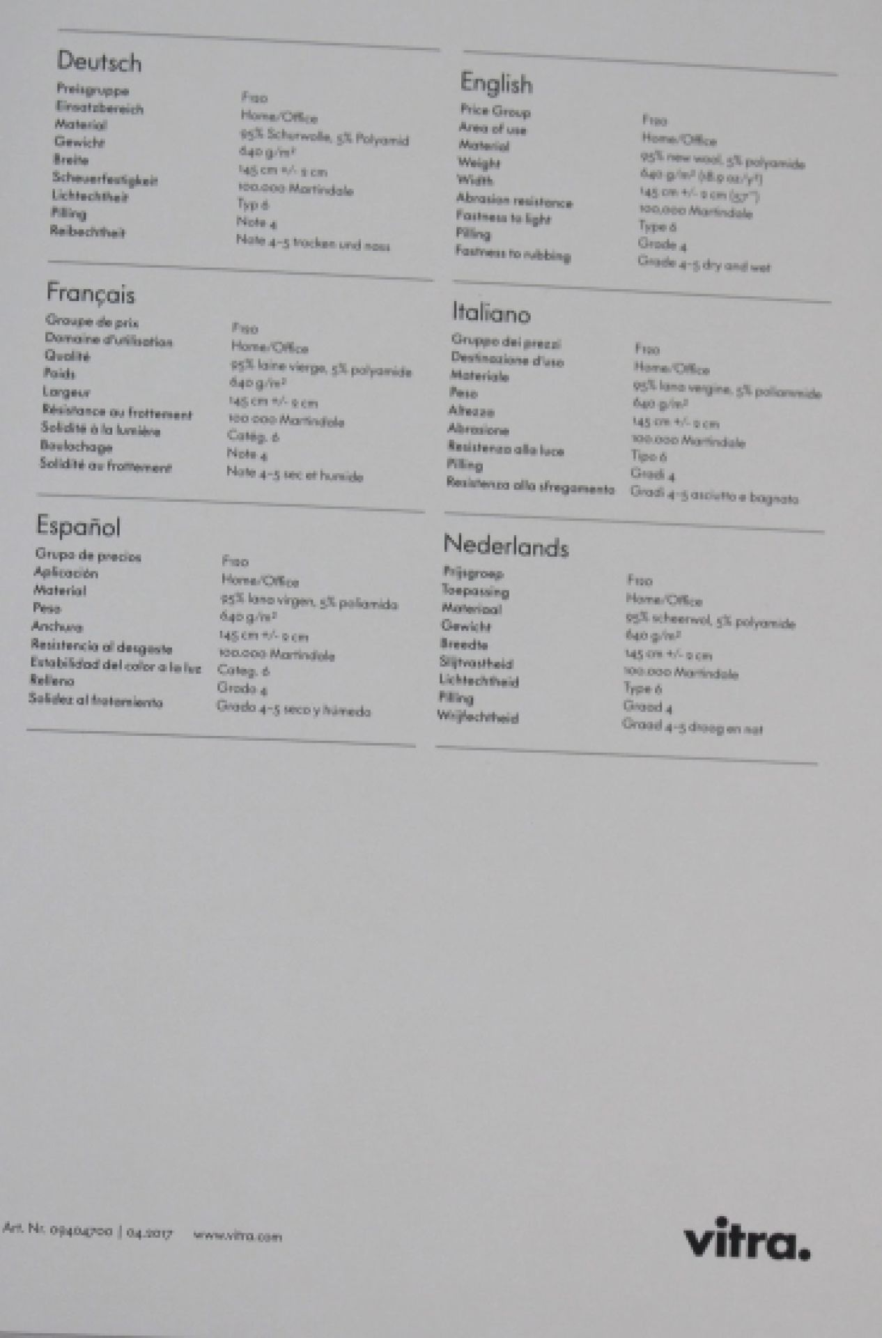 Stoffmusterkarte Credo Vitra