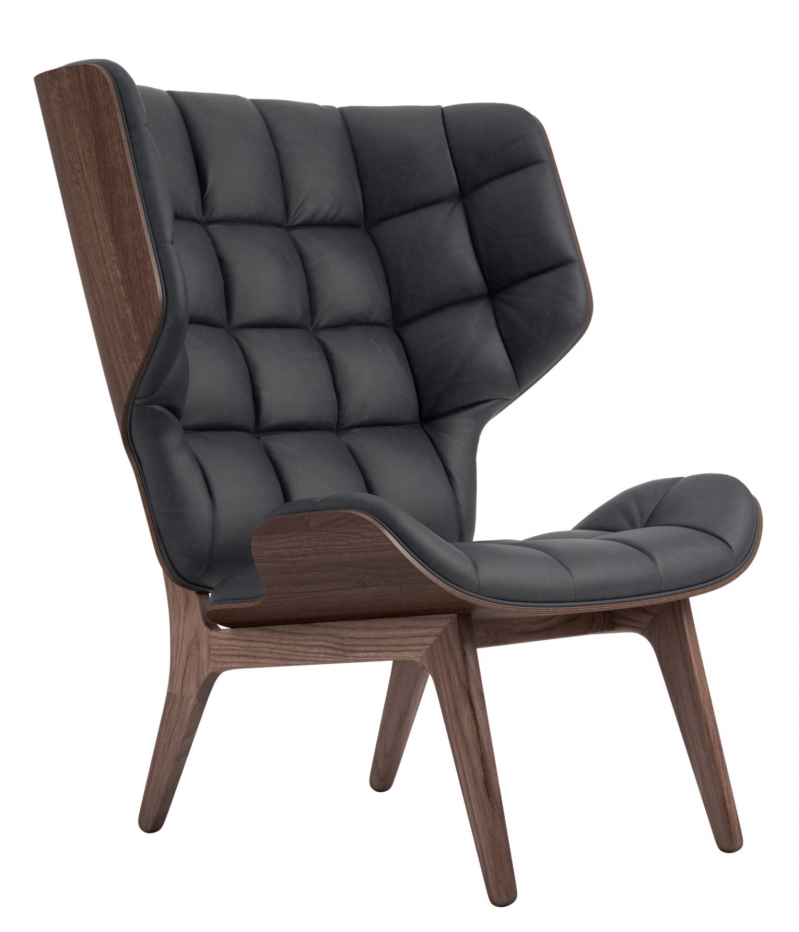 Mammoth Chair Sessel mit anthrazitfarbenem Lederbezug und dunkel gebeiztem Eichenholzgestell. Design Sessel für Wohnzimmer.