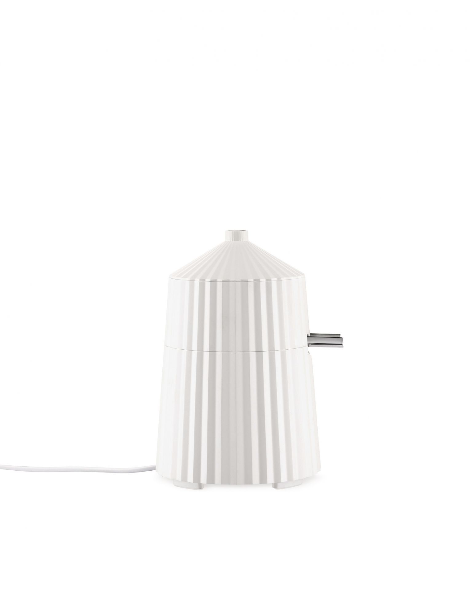 Weiße Alessi Plissé elektrische Zitronenpresse MDL07 W, modernes Design für frischen Saft.