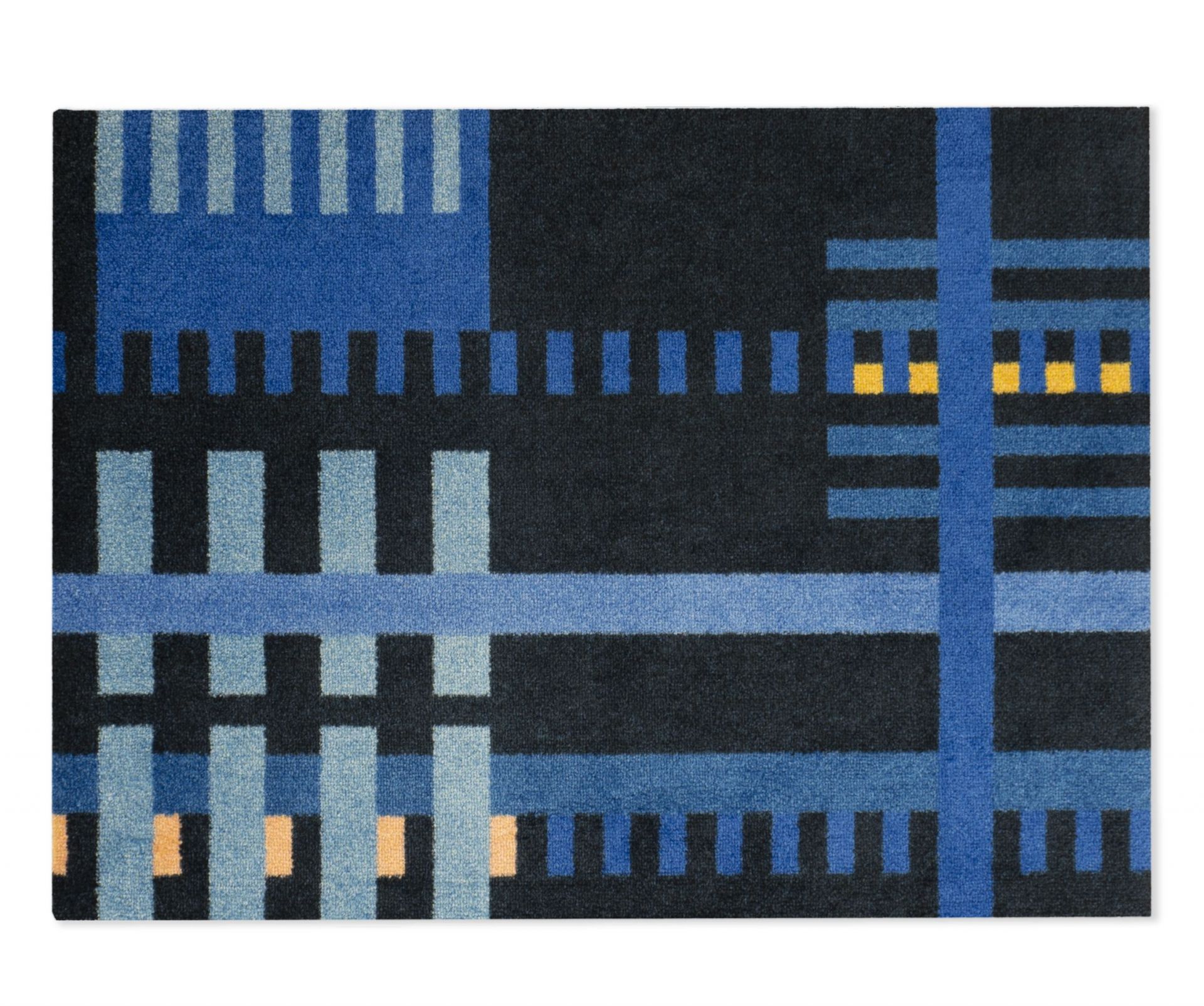 Heymat Loom Fußmatte Bauhaus Blue: Rechteckige Fußmatte mit blauem, grauem und schwarzem Bauhaus-Muster.