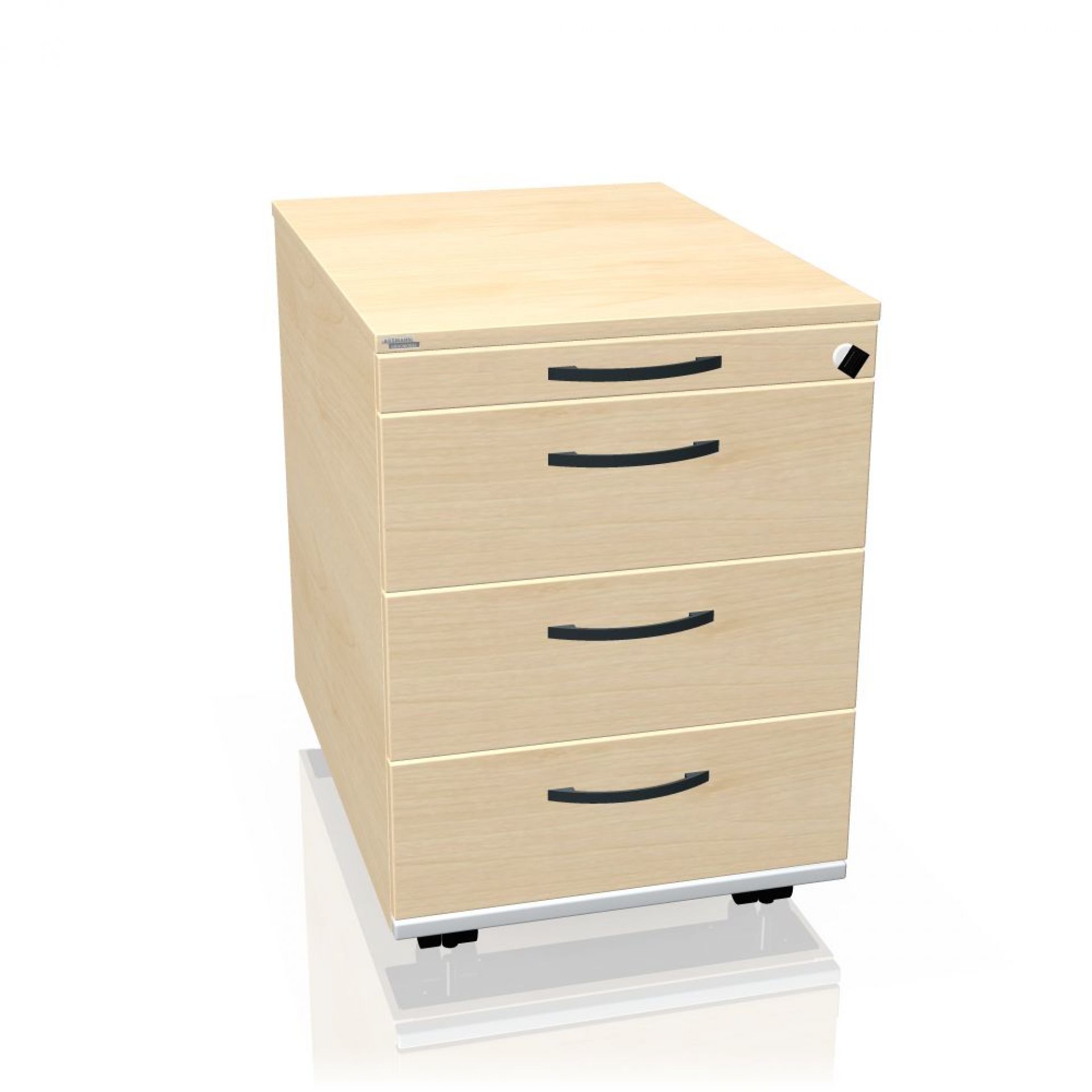 Pontis Rollcontainer von Assmann, Buche Dekor, mit vier Schubladen und schwarzen Griffen.