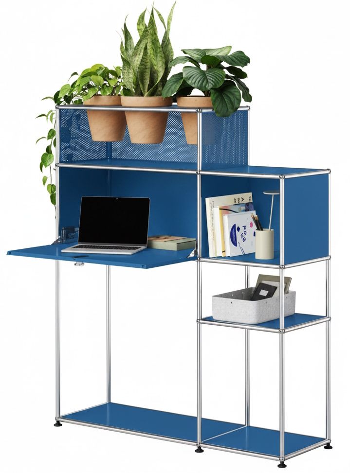 Home Office mit Pflanzenelement USM Haller Enzianblau