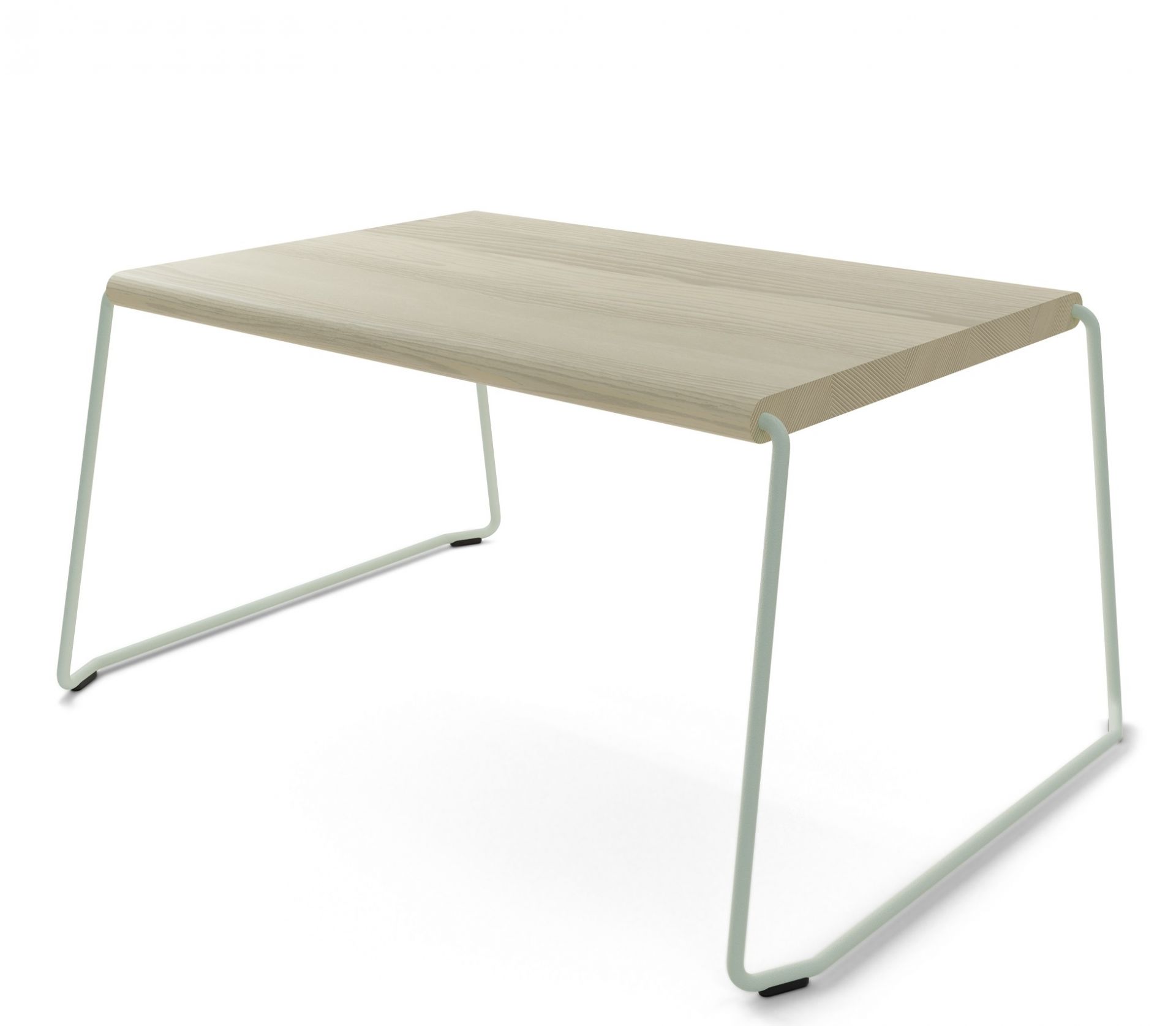 Weißer Couchtisch D:009 von Fuchs & Habicht mit hellem Holz und minimalistischem Metallgestell.