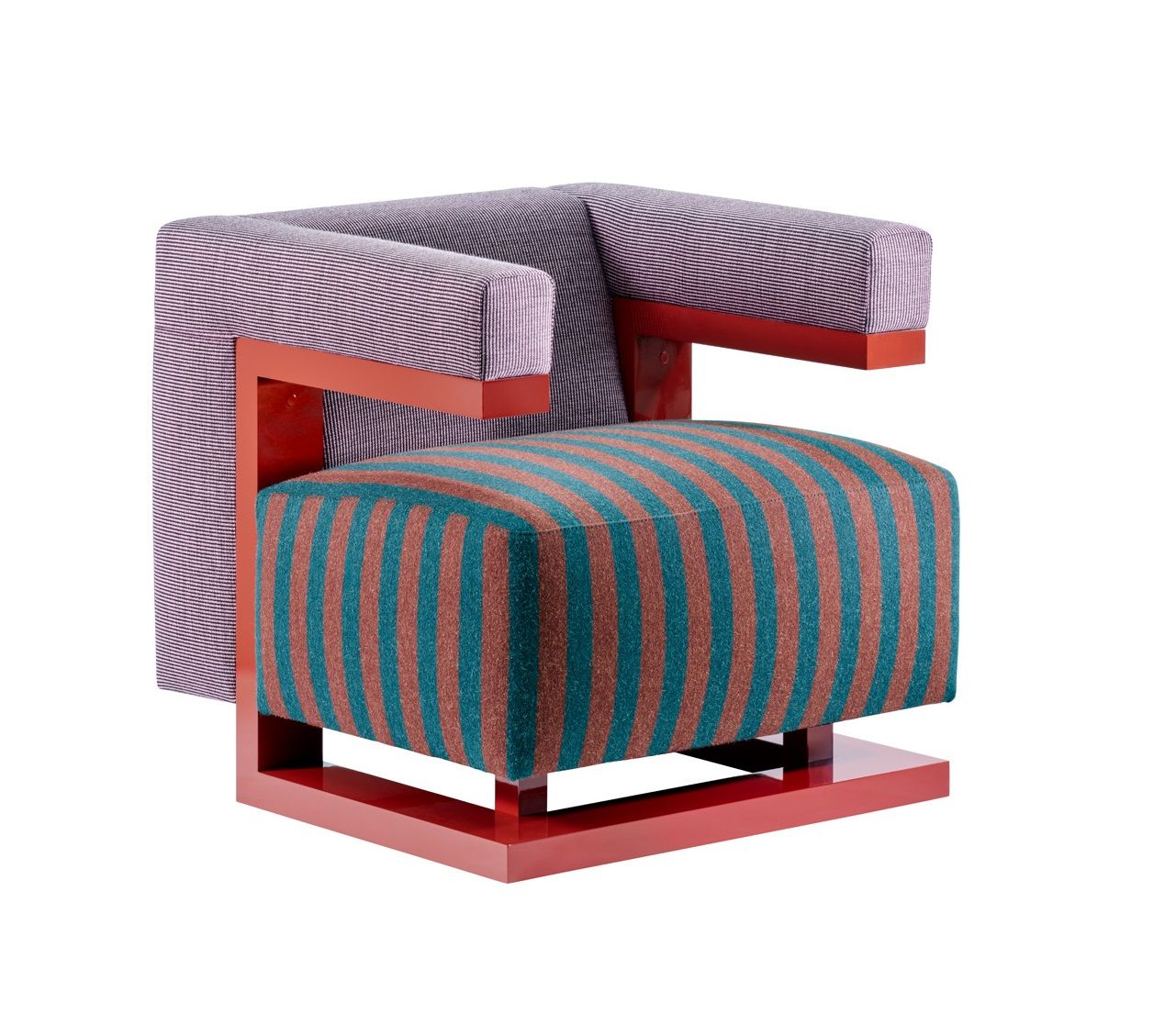 F51N Sessel Bauhaus Edition 2023 Tecta: Moderner Sessel mit Streifenmuster und rotem Holzrahmen. Designklassiker.