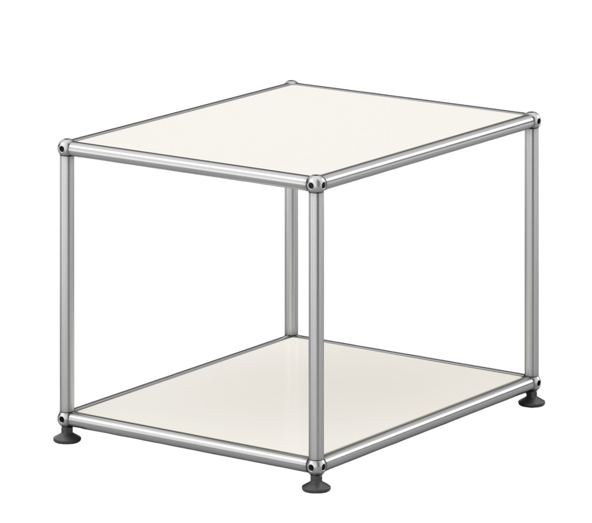 USM Haller Beistelltisch in Reinweiß, offenes Design mit Chromgestell, modernes Möbelstück für Wohn- und Arbeitsbereiche.
