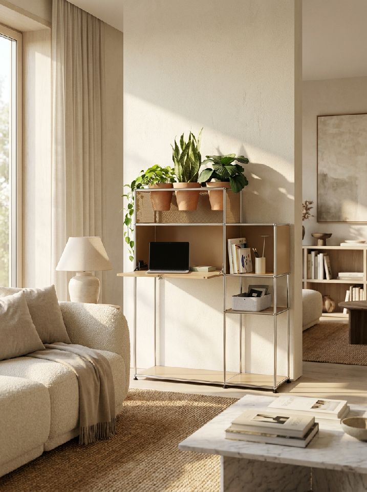 Home Office mit Pflanzenelement USM Haller Enzianblau
