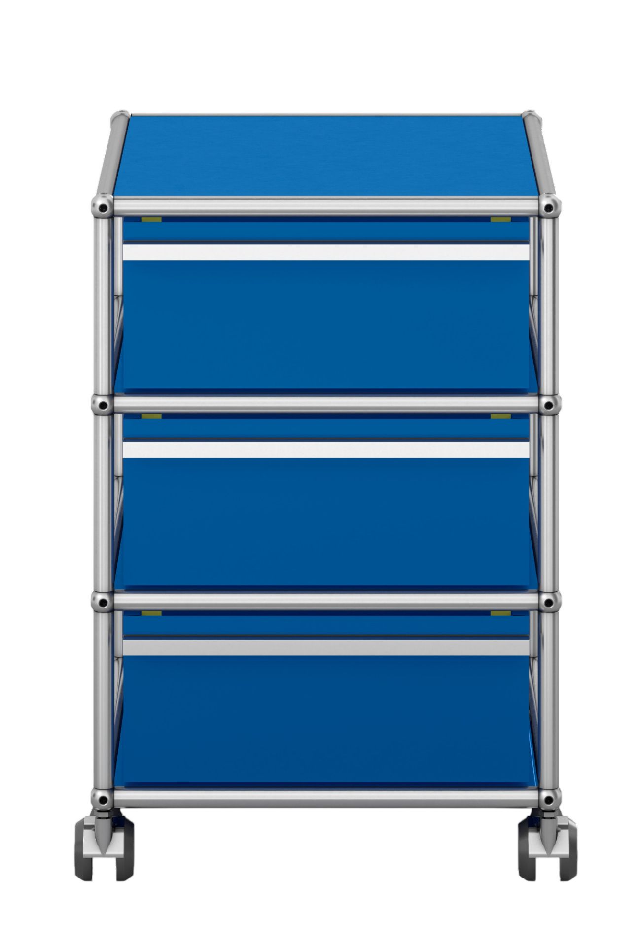 USM Haller Rollcontainer in Enzianblau mit drei Schubladen und verchromtem Gestell, Frontansicht.