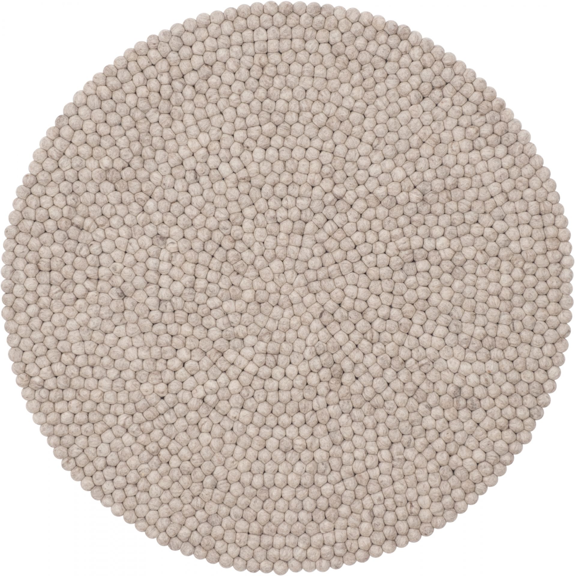Runder, beiger Filzkugel Teppich (myfelt Bela) mit 140 cm Durchmesser. Handgefertigter Wollteppich.